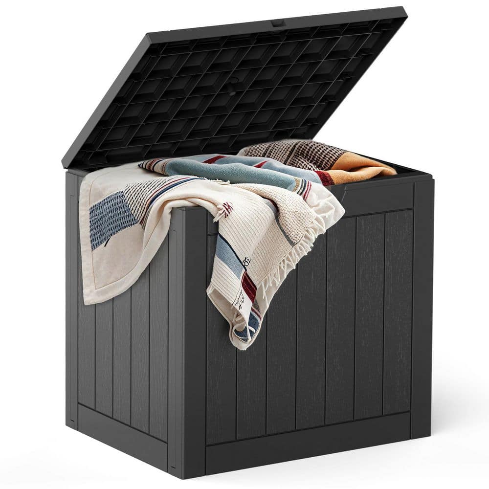 31 Gal. Black Weatherproof Plastic Deck Box, Resin Lockable Outdoor Storage