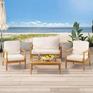 Willowbrook Teak Brown 4-Piece Wood Outdoor Patio Conversation Set with Beige Cushions