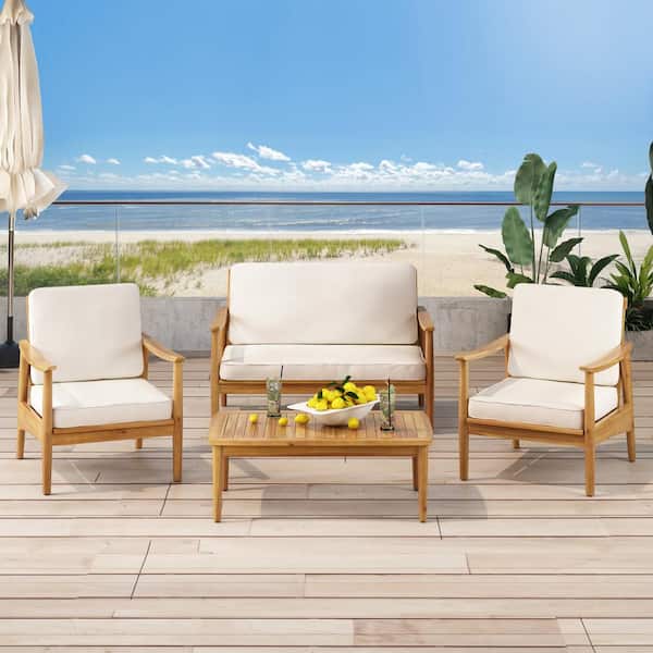 Noble House Willowbrook Teak Brown 4-Piece Wood Outdoor Patio Conversation Set with Beige Cushions