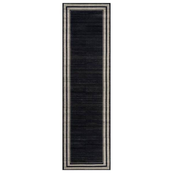 Striped Border Black Machine Washable Non-Slip Backing Area Rug 2' x 10' Black