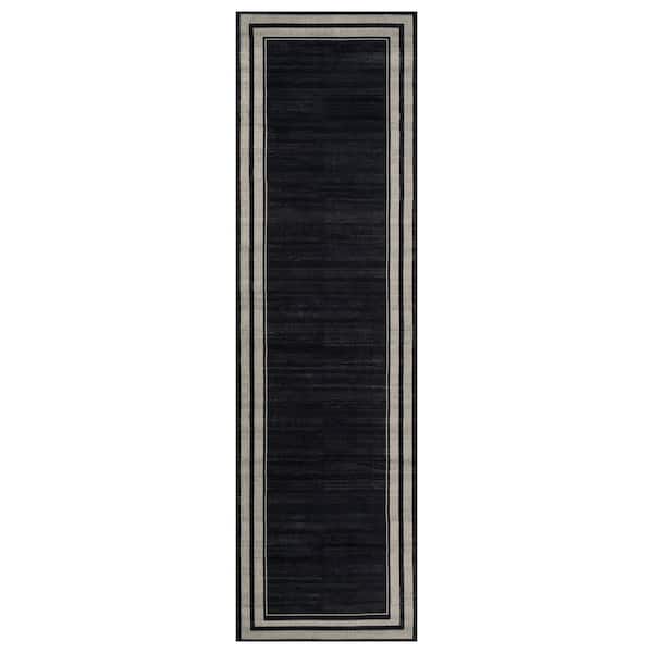 Striped Border Black Machine Washable Non-Slip Backing Area Rug 2' x 12' Black
