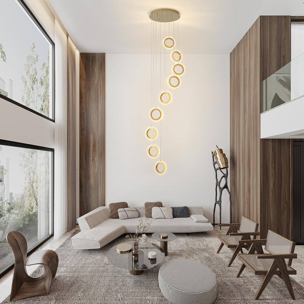 Gold Acrylic and Aluminum 9-Ring Adjustable Height Chandelier