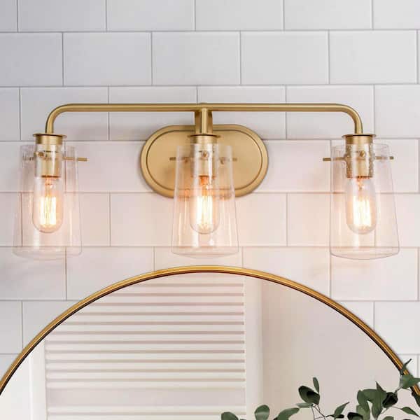 Uolfin Modern Gold Bathroom Vanity Light Bar, 22.5 in. 3-Light Farmhouse Brass Wall Sconce with Seeded Glass Shades