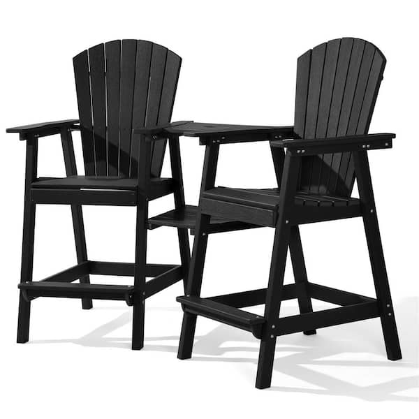 PASAMIC Black HDPE Tall Adirondack Chair with Removable Double Connecting Trays for Deck, Balcony, Patio (2-Pack)