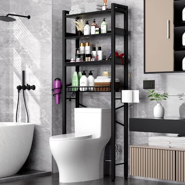 Brown 4 Tier Bathroom Organizer Storage With Adjustable Shelf Feet Pad Basket, Over The Toilet Storage Cabinet