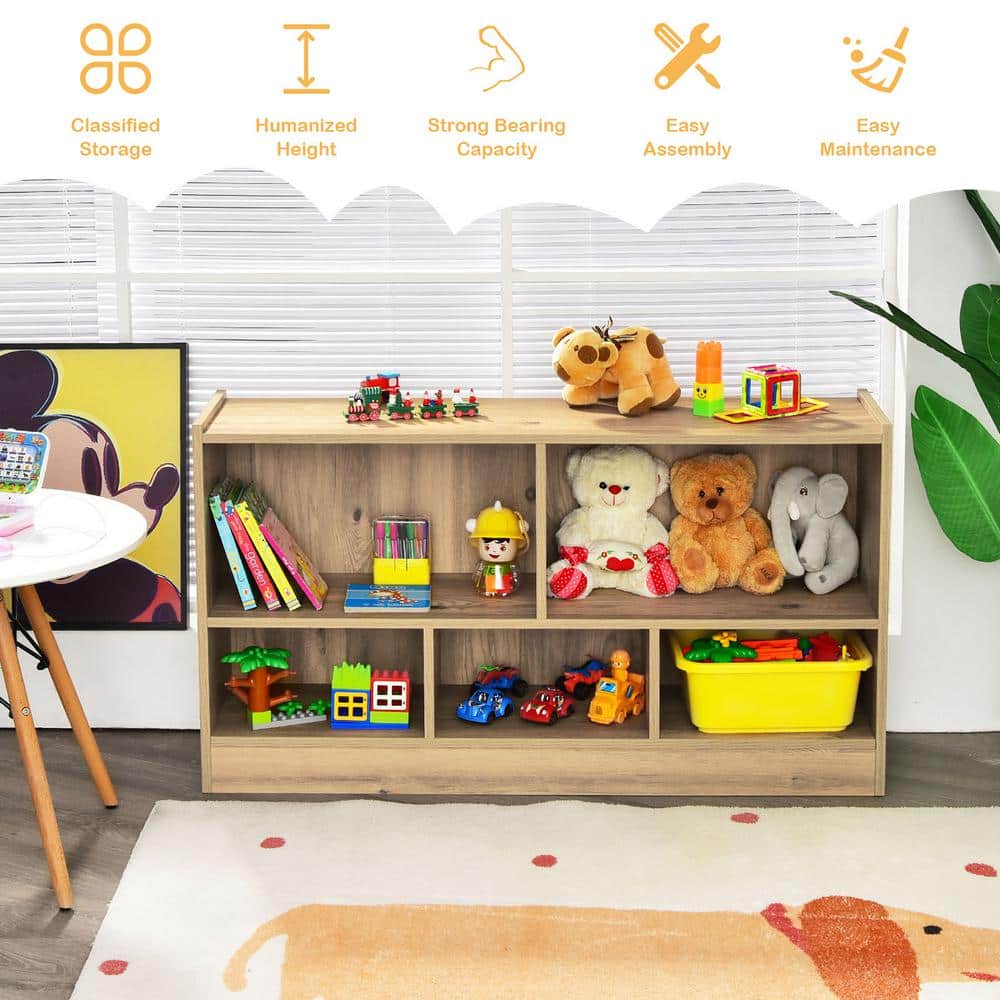 24 in. Brown Wooden 5 Shelf Children Storage Cabinet Bookcase Toy Storage Kids Rooms Classroom - thumbnail 6
