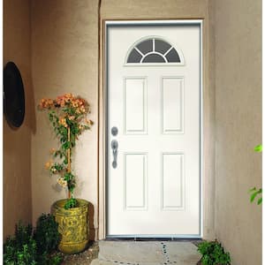 32 in. x 80 in. Fan Lite White Painted Steel Prehung Right-Hand Inswing Front Door w/Brickmould
