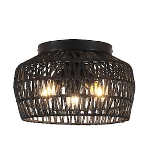12.59 in. 3-Light Black Rattan Semi Flush Mount Chandelier for Hallway Entryway Dining Room and No Bulbs Included
