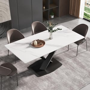 70.87 in. Rectangle White and Black Sintered Stone Tabletop Dining Table with Black Carbon Steel Base (Seats 8)