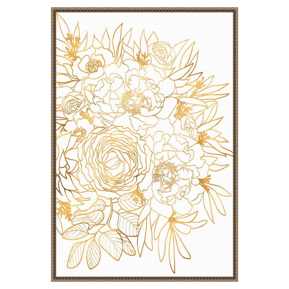 Gold Botanical Rose Beaded Framed Canvas Wall Art