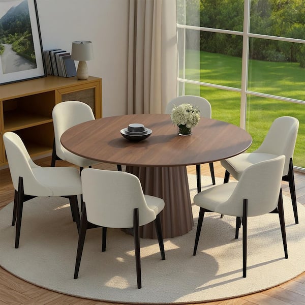 7-Pieces Walnut Round Wooden Top Dining Table Set 6 Seats with Wood Frame, Upholstered White Ergonomic Dining Chair