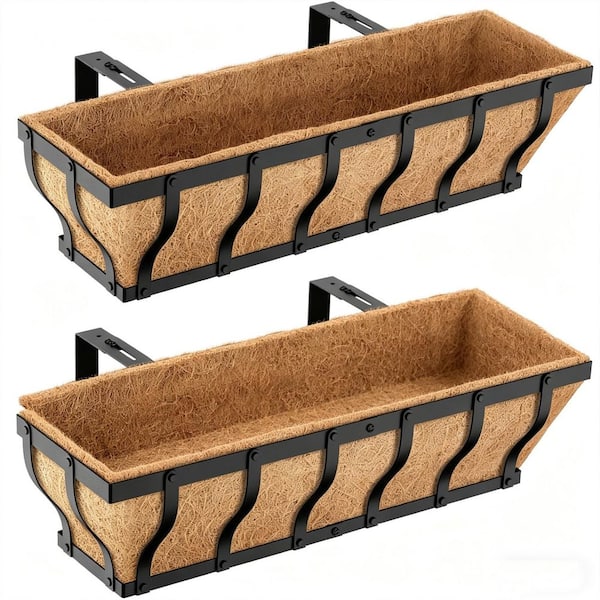 2 Pack 24 in. Adjustable Metal Balcony Planters for Railing Hanging, with Coco Liner and Support Rod for Deck and Porch