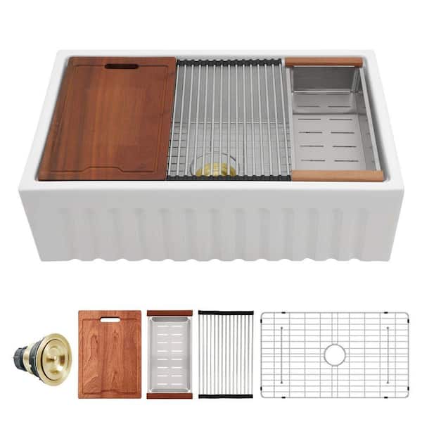 33 in. x 20 in.Farmhouse / Apron Front Ceramic White Single Bowl Workstation Kitchen Sink with Sink Accessories