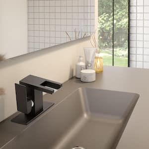 Waterfall Single Handle Single Hole Bathroom Faucet with LED Light and Deckplate in Matte Black