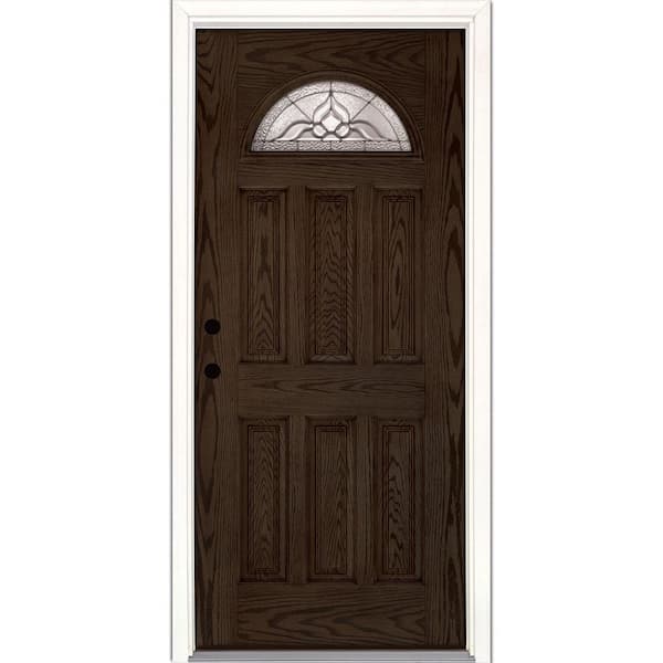Feather River Doors 31.5 in. x 81.625 in. Lakewood Zinc Fan Lite Stained Walnut Oak Fiberglass Prehung Front Door