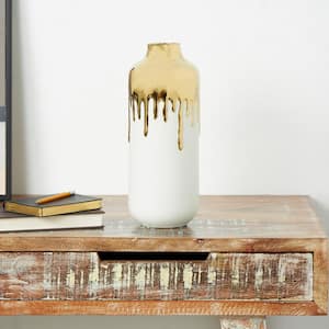 14 in. White Ceramic Decorative Vase with Abstract Gold Melting Drips