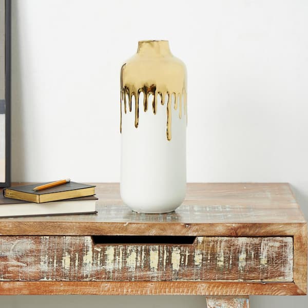 CosmoLiving by Cosmopolitan 14 in. White Ceramic Decorative Vase with Abstract Gold Melting Drips