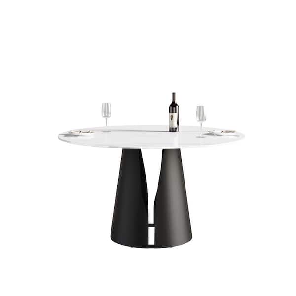 FORCLOVER White Stone 53 in. Black Carbon Steel Pedestal Base Round Luxury Modern Dining Table for Dining Room (Seats 6)