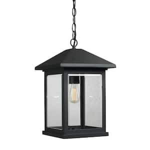 Malone 1-Light Black Outdoor Hanging Pendant Lantern with Clear Beveled Glass Shade