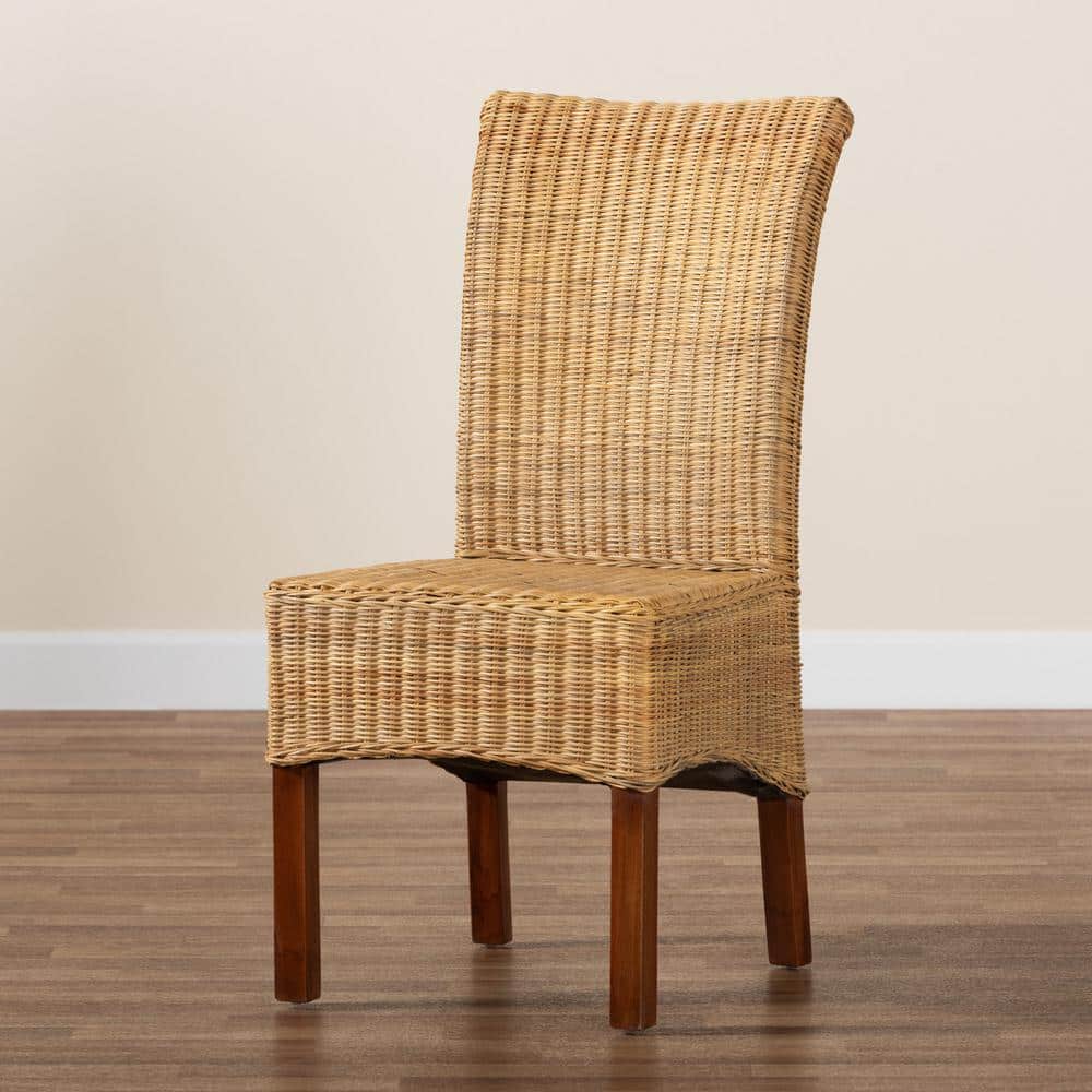 High Back Brown Rattan and Mahogany Dining Chair