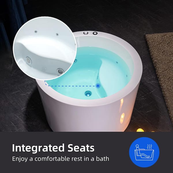 41 in. x 41 in. Acrylic Round Whirlpool with Inline Heater Bathtub with Pre-Molded Seat, Reversible Drain in White
