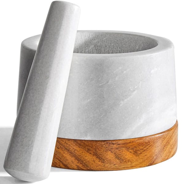 Natural Marble White Mortar and Pestle Set with Anti-Scratch Acacia Wood Base, Heavy Duty Kitchen Tool