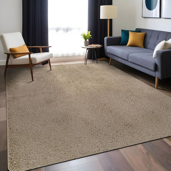 9 ft. x 12 ft. Beige Silky Solid Plus Thick Pile Non Slip Easy Clean Non Shedding Modern Indoor Area Rug