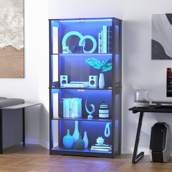 4-Tier 69 in. H Display Cabinet Lighted Curio Cabinet with 3-Color Lights and Human Body Senor in Black