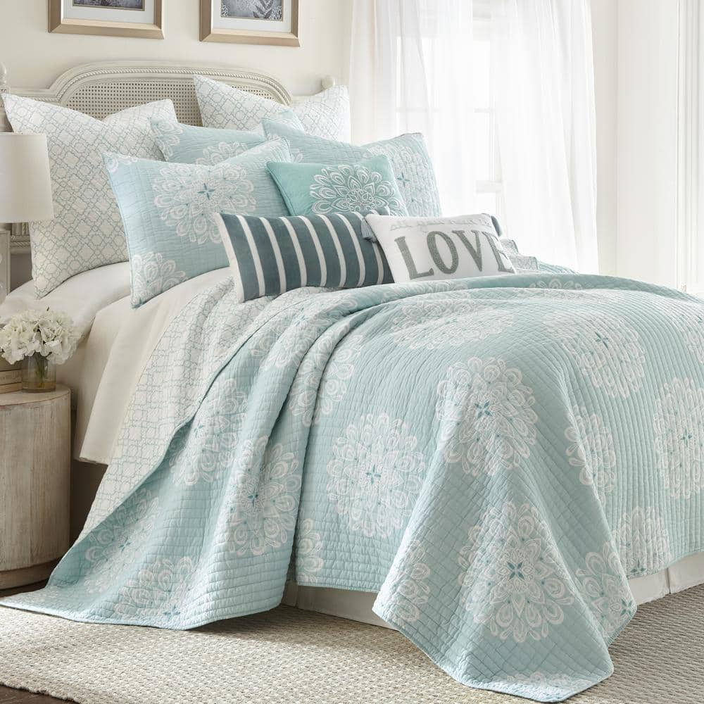 LEVTEX HOME Lara Spa 3-Piece Teal, White Medallion Cotton Full 