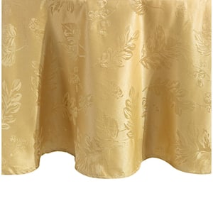 70 in. Round Gold Elegant Woven Leaves Jacquard Damask Tablecloth