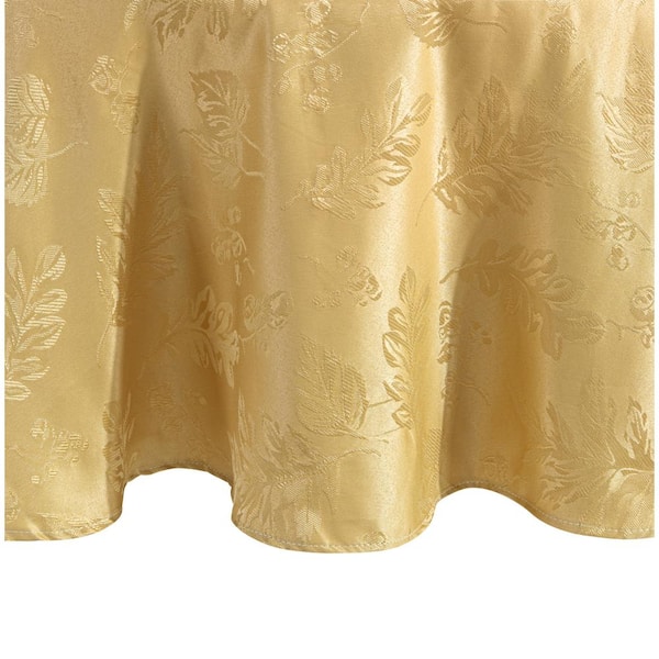 Elrene 70 in. Round Gold Elegant Woven Leaves Jacquard Damask Tablecloth