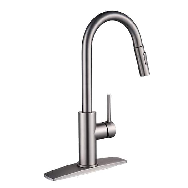 androme Single Handle Pull Down Sprayer Kitchen Faucet with Plastic Sprayer in Brushed Nickel