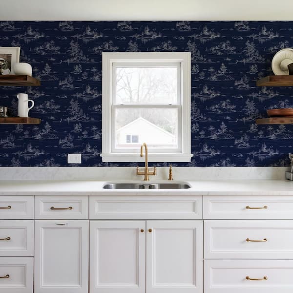 Nessie Novelty Toile Navy Ground Peel and Stick Wallpaper
