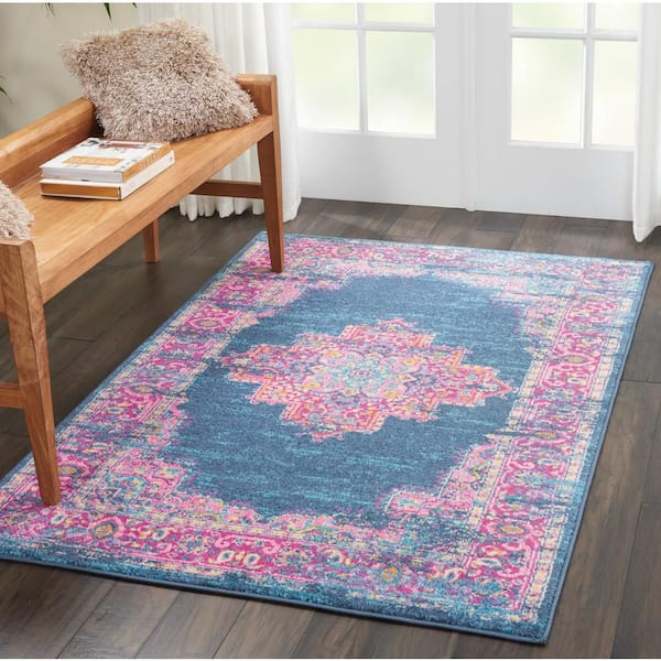 Passion Blue 4 ft. x 6 ft. Bordered Transitional Area Rug