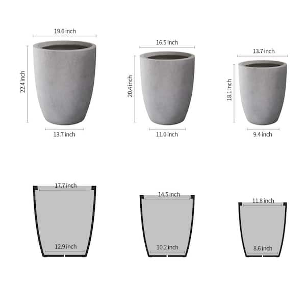 22.4", 20.4" and 18.1"H Round Natural Finish Concrete Planters Set of 3, Outdoor Indoor w/Drainage Hole and Rubber Plug