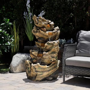 47 in. Tall Outdoor 5-Tier Tree Trunk Waterfall Floor Fountain with LED Lights