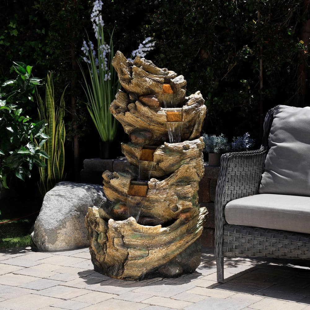 Alpine 5-Tier Waterfall Trunk Fountain with LED Lights, 47" Tall
