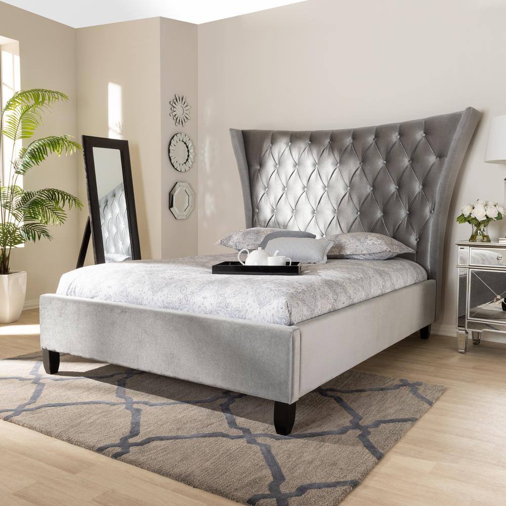 Grey Velvet Queen Bed with Tall Tufted Wingback Headboard