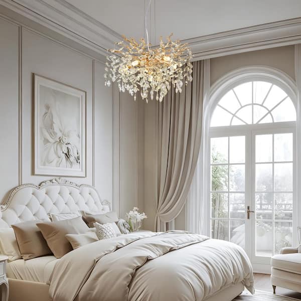 Gloweer 23.6 in. 6-Light French Gold Crystal Chandelier, Modern