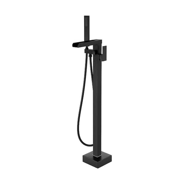 Unbranded 1-Handle Free Standing Floor Mount Tub Faucet Bathtub Filler with Hand Shower in Matte Black