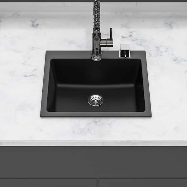 25 in. Drop-In Single Bowl Black Quartz Kitchen Sink with Bottom Grids