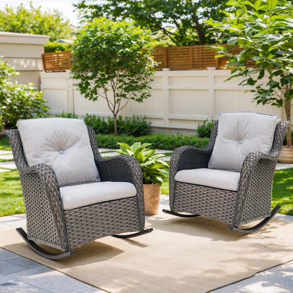Brown Wicker Outdoor Rocking Chair with Beige Cushions and Curved Arm Design (2-Pack)