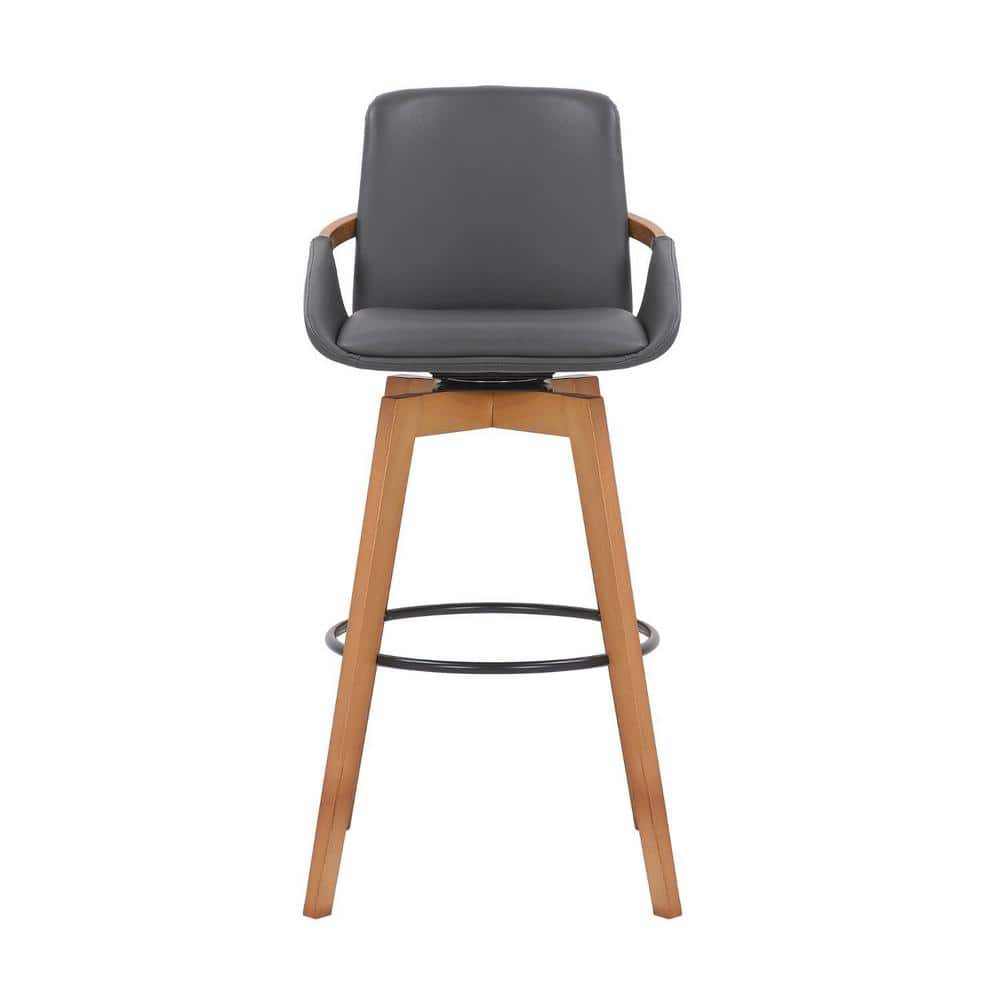 30 in. Gray Faux Leather and Walnut Wood Swivel Bar Stool