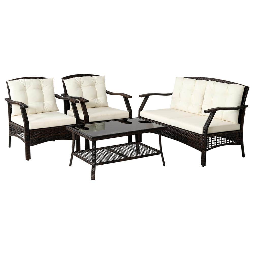 Gymax 4-Pieces Wicker Rattan Patio Conversation Furniture Set Sofa Set with Waterproof Cover Cushioned Beige GYM09767 - The Home Depot
