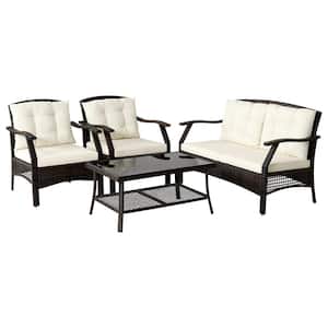 4-Pieces Wicker Rattan Patio Conversation Furniture Set Sofa Set with Waterproof Cover Cushioned Beige