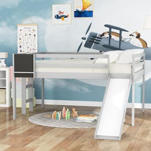 Full size Loft Bed Wood Bed with Chalkboard, Stair and Slide	Gray