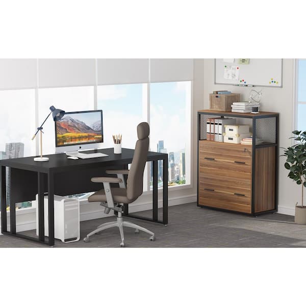 Dark Walnut and Black File Cabinet with Lockable File Drawers and Open Storage Shelf