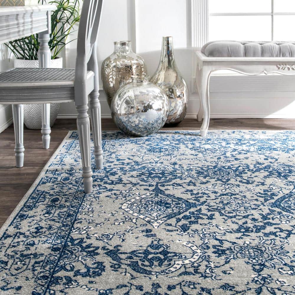 Light Blue Floral Reversible Square Synthetic Area Rug, 6'