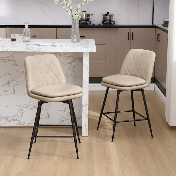 Hochwertiges 26 in. Beige Metal Frame Counter Height Bar Stool Swivel Counter Stool with Faux Leather Seat (Set of 2)