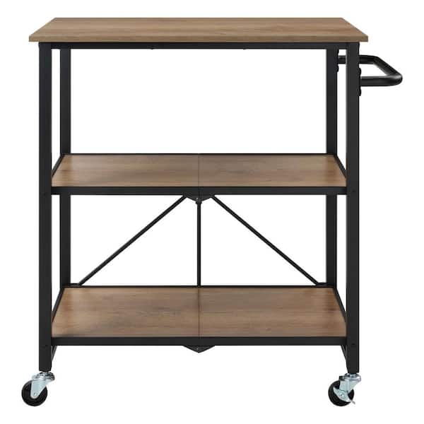 32 in. Wood Folding Kitchen Cart with Metal Frame, 2-Shelves and Wheels for Storage and Mobility
